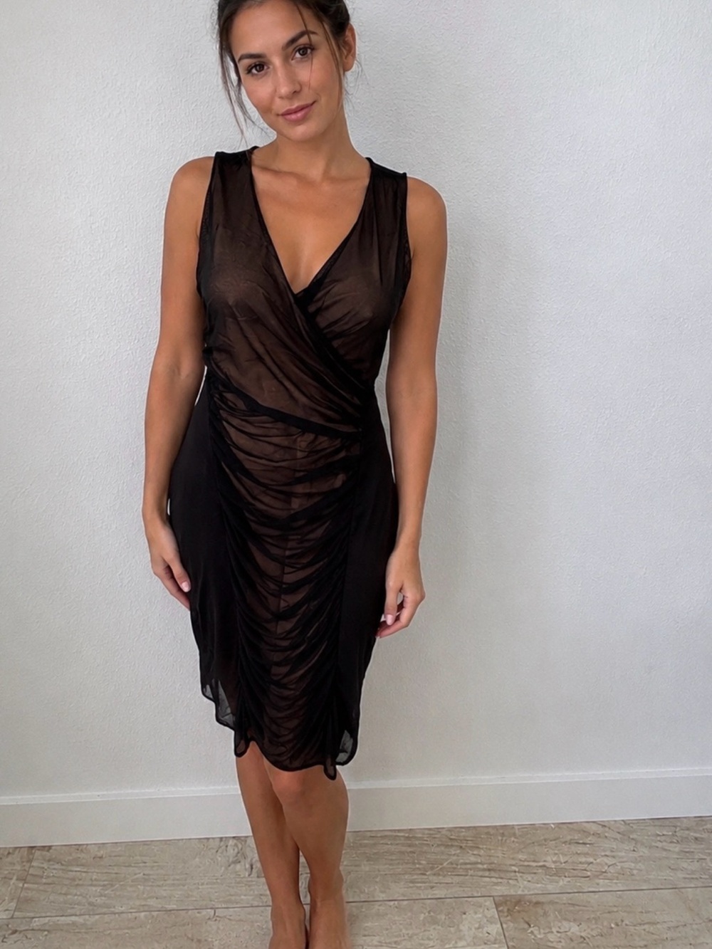 Ronen‎ Chen Black Sheer Ruched Midi Dress